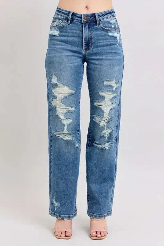 Judy Blue Full Size High Waist Heavy Destroy Straight Jeans