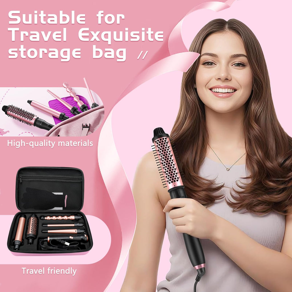 GSKY 5 in 1 Curling Iron Set, Hair Curler with Curling Brush and 4 Interchangeable Ceramic Curling Wand(0.5”-1.25”), Fast Heating, Include Suitcase & 2 Clips & Heat Protective Glove