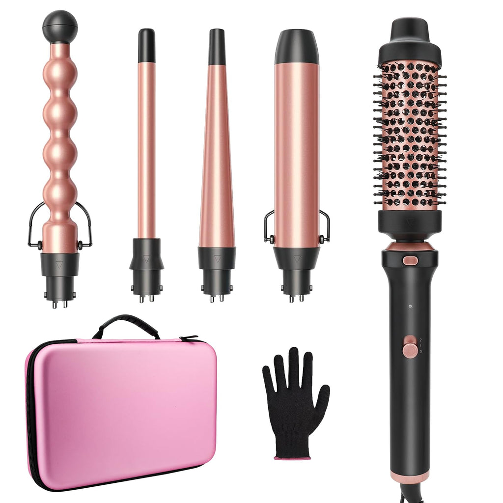 GSKY 5 in 1 Curling Iron Set, Hair Curler with Curling Brush and 4 Interchangeable Ceramic Curling Wand(0.5”-1.25”), Fast Heating, Include Suitcase & 2 Clips & Heat Protective Glove