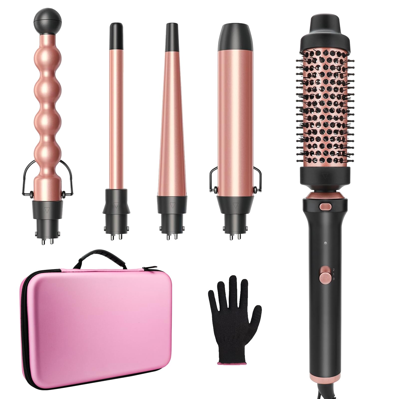 GSKY 5 in 1 Curling Iron Set, Hair Curler with Curling Brush and 4 Interchangeable Ceramic Curling Wand(0.5”-1.25”), Fast Heating, Include Suitcase & 2 Clips & Heat Protective Glove
