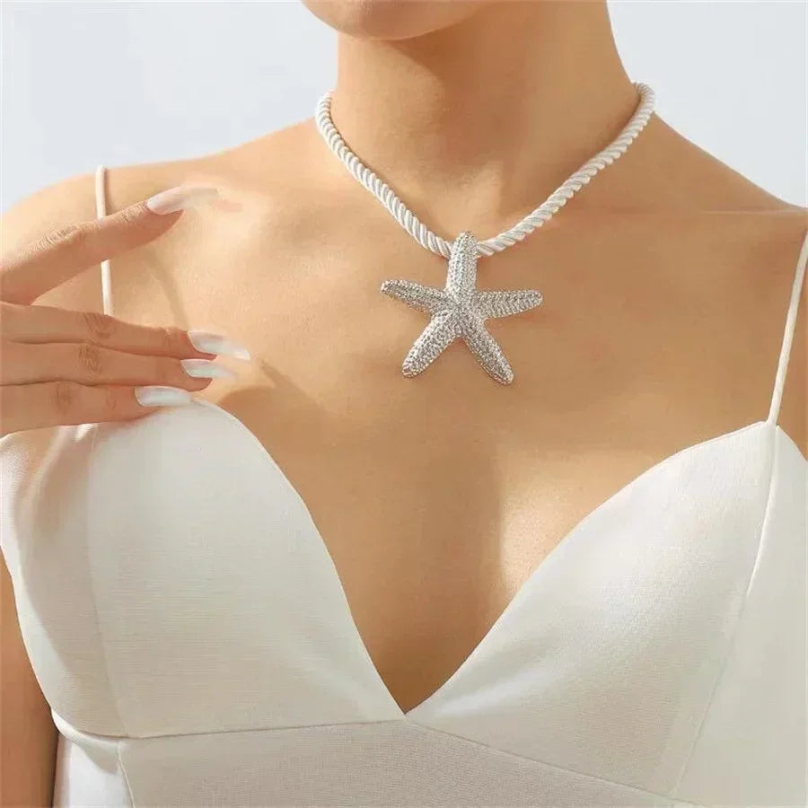 Exaggerated Boho Metal Big Starfish Star Pendant Choker Necklace Women Summer Punk White Chunky Chain Y2K Jewelry Accessories