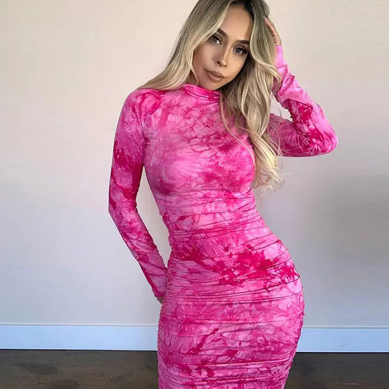 Fashionable Printed Long Sleeve Dress with Round Neck