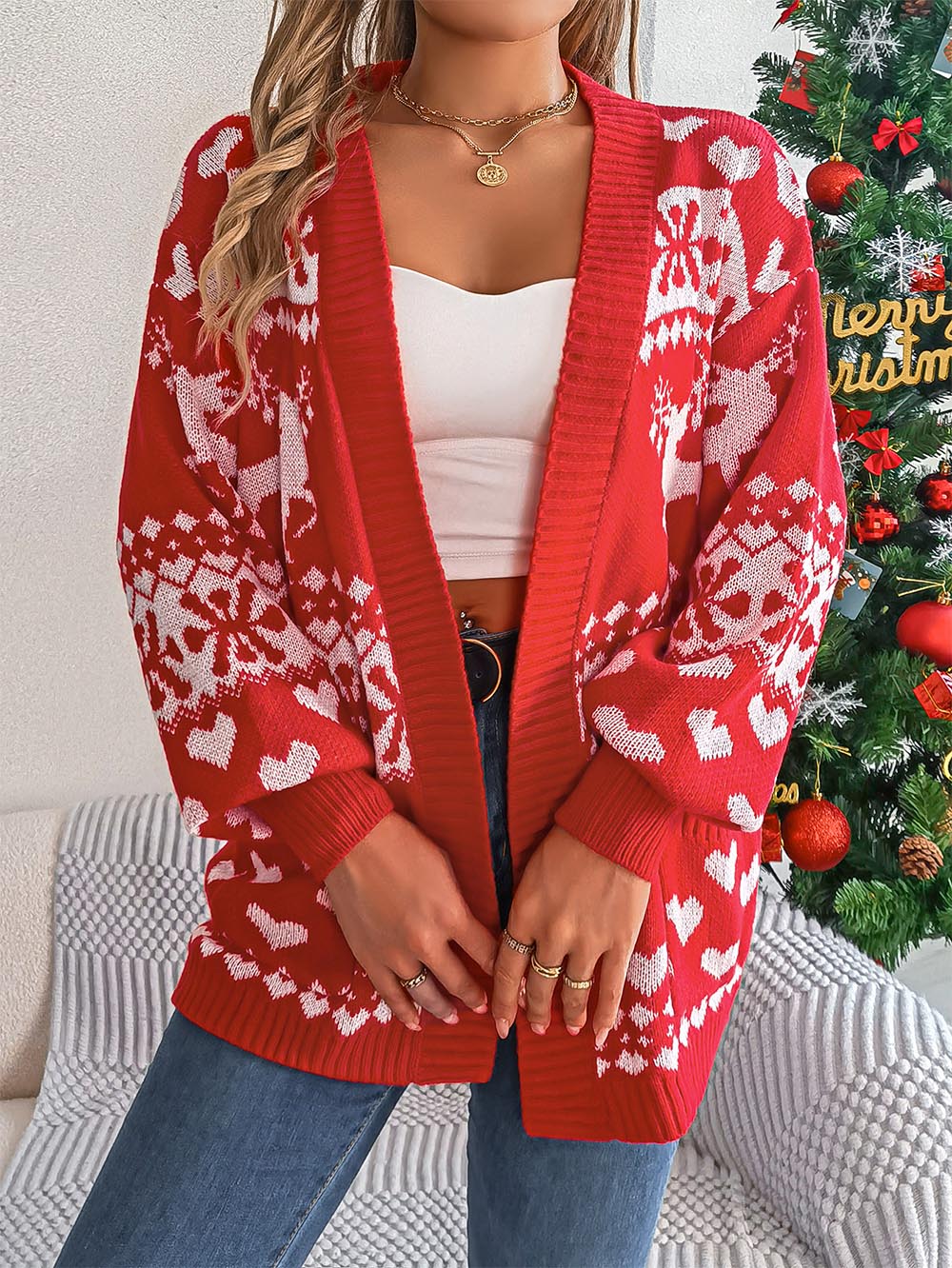 Christmas Reindeer Long Sleeve Cardigan Sweater | NCS