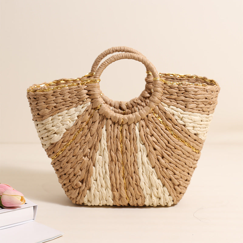 Pastoral Large Capacity Portable Straw-Weaved Bag Contrast Color Hand Carrying Straw Bag Woven Bag Vacation Beach Bag Vegetable Basket