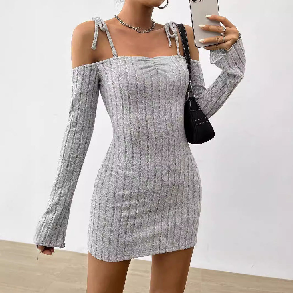 Women Clothing Adult Lady like Woman Lightly Mature Strap Sling Dress Autumn Winter Boat Collar Elegant Slim Fit