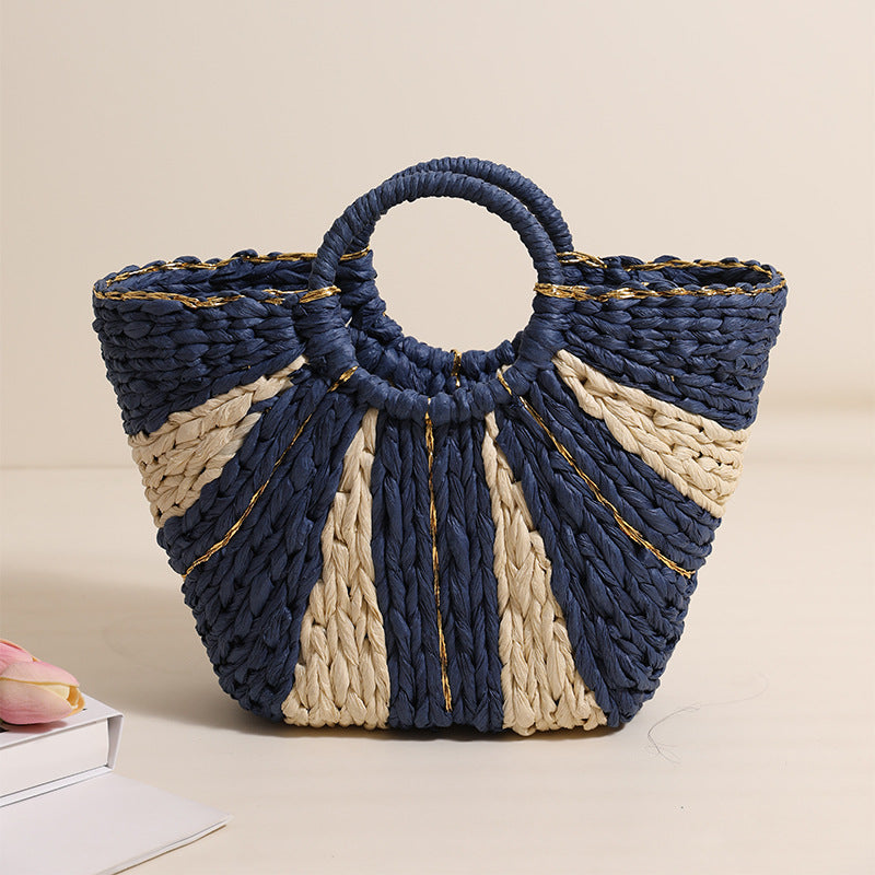 Pastoral Large Capacity Portable Straw-Weaved Bag Contrast Color Hand Carrying Straw Bag Woven Bag Vacation Beach Bag Vegetable Basket