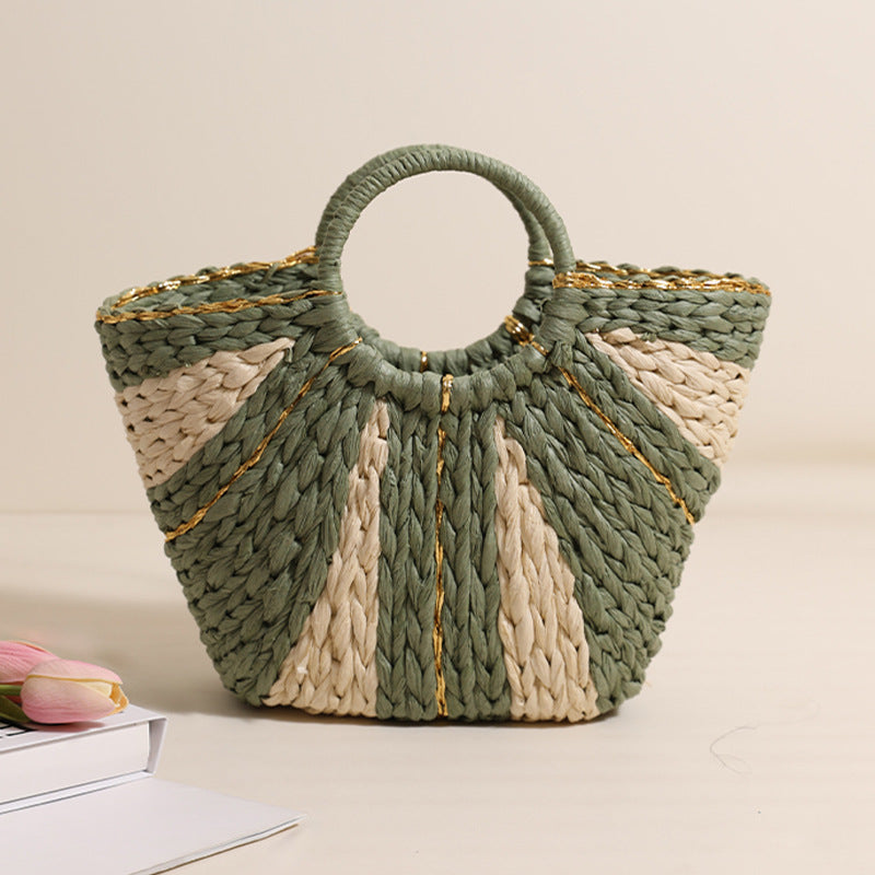 Pastoral Large Capacity Portable Straw-Weaved Bag Contrast Color Hand Carrying Straw Bag Woven Bag Vacation Beach Bag Vegetable Basket