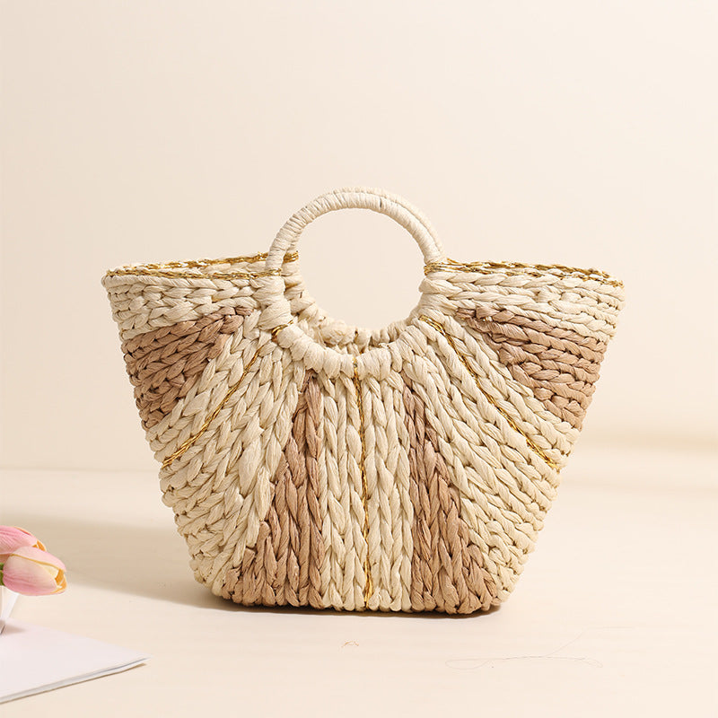 Pastoral Large Capacity Portable Straw-Weaved Bag Contrast Color Hand Carrying Straw Bag Woven Bag Vacation Beach Bag Vegetable Basket