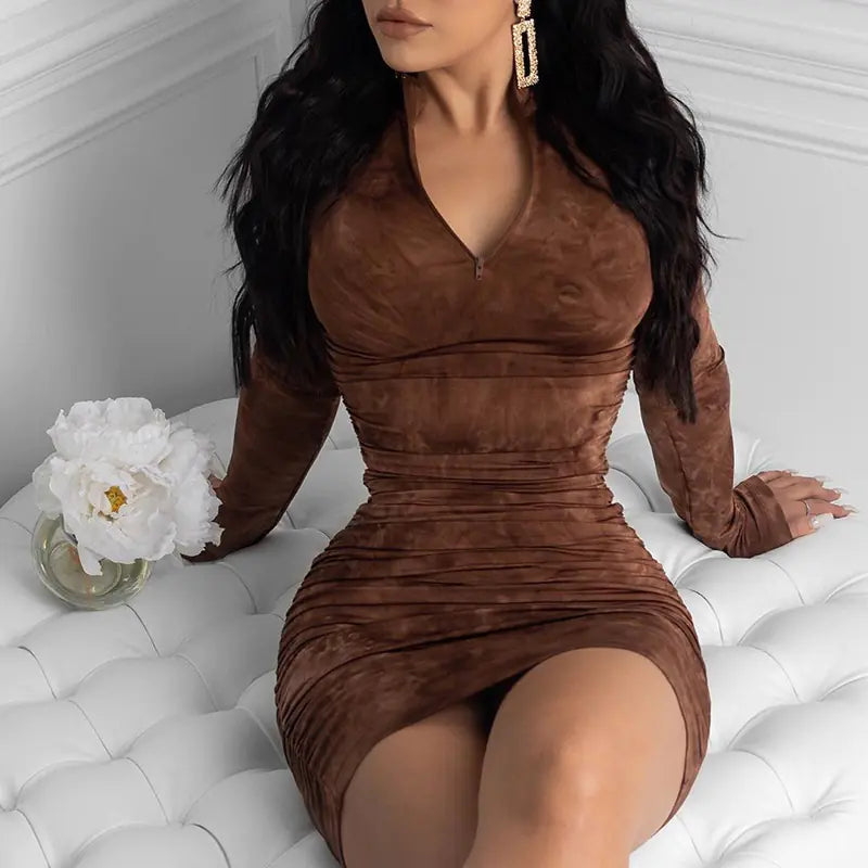 Fashionable Printed Long Sleeve Dress with Round Neck