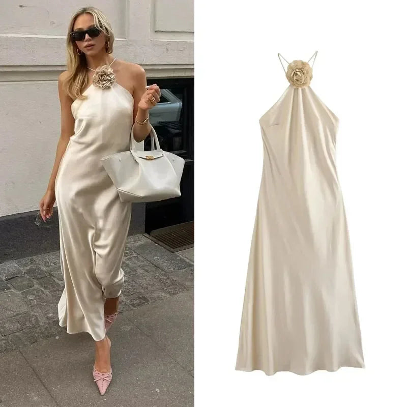 MUJER Flower Halter Dress Woman Off Shoulder Satin Long Dress Women Backless Sexy Evening Dresses Summer Party Dresses For Women