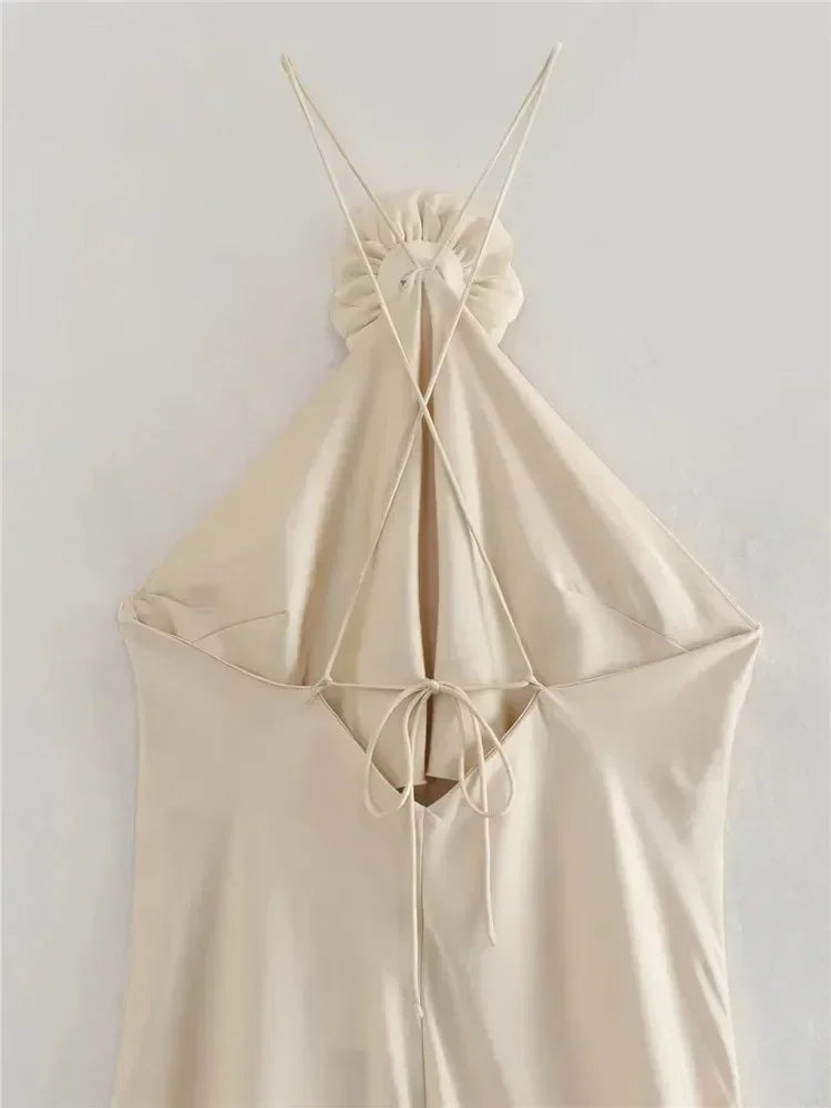 MUJER Flower Halter Dress Woman Off Shoulder Satin Long Dress Women Backless Sexy Evening Dresses Summer Party Dresses For Women