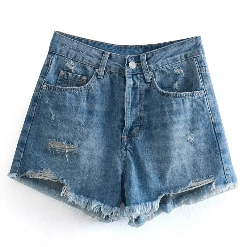 High Waist Frayed Front Button Slim Shorts Women Vintage Ripped Denim Shorts Summer Woman Fashion Commute Jean Shorts