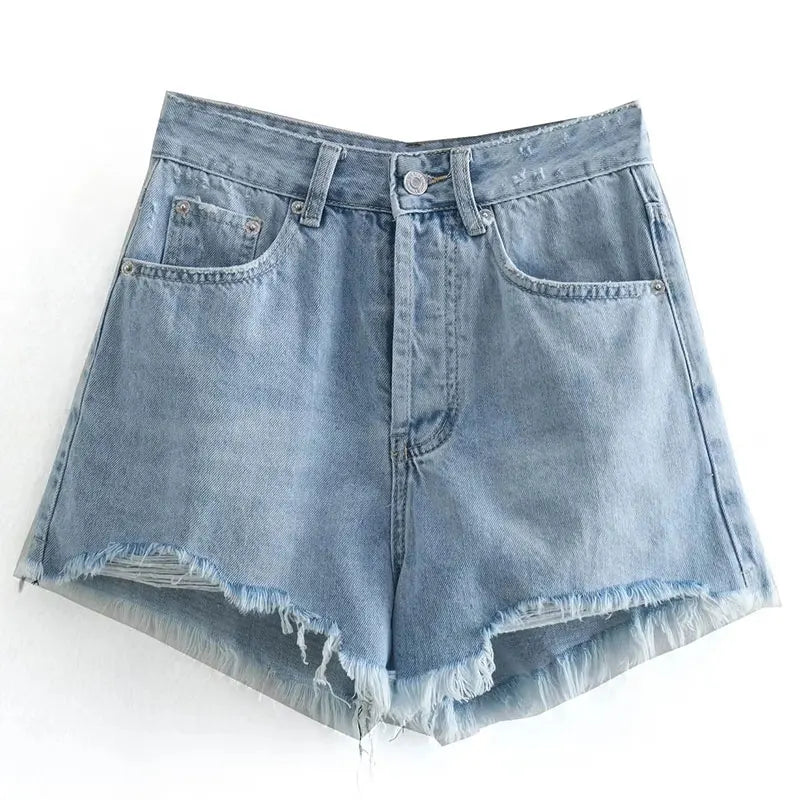 High Waist Frayed Front Button Slim Shorts Women Vintage Ripped Denim Shorts Summer Woman Fashion Commute Jean Shorts