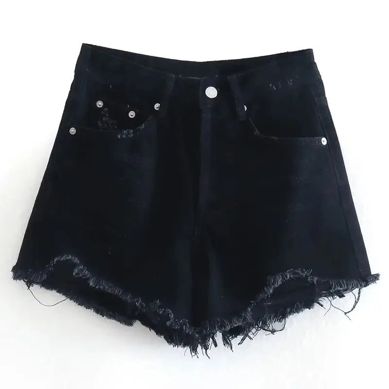 High Waist Frayed Front Button Slim Shorts Women Vintage Ripped Denim Shorts Summer Woman Fashion Commute Jean Shorts