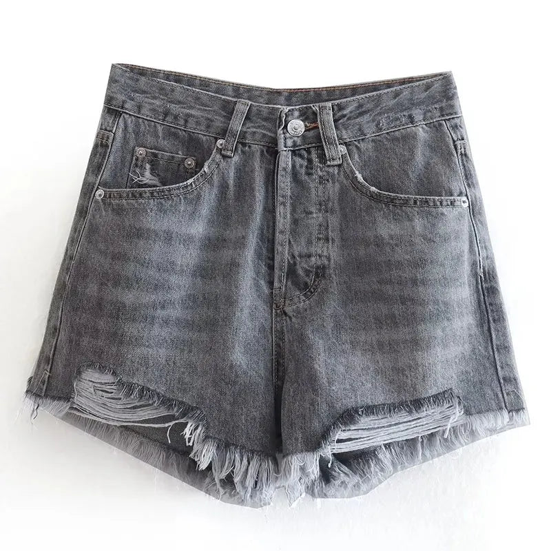 High Waist Frayed Front Button Slim Shorts Women Vintage Ripped Denim Shorts Summer Woman Fashion Commute Jean Shorts