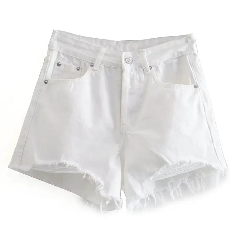 High Waist Frayed Front Button Slim Shorts Women Vintage Ripped Denim Shorts Summer Woman Fashion Commute Jean Shorts