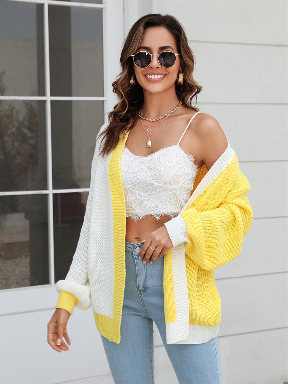 Women's Plus Size Colorblock Mid-Length Knitted Cardigan | NCS